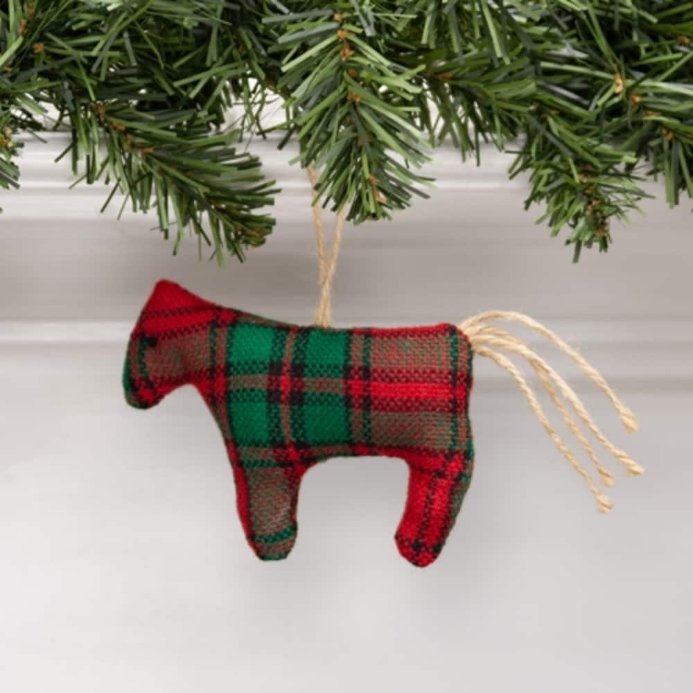 Red-Green Plaid Fabric Horse Ornament with Jute String Hanger - 4.50 x 1 x 3.50 in.