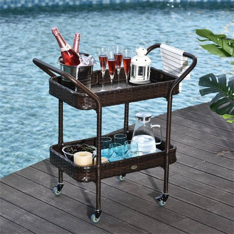 Compact Outdoor Rattan Serving Cart with 2 Tray Shelves Rolling Beverage & Snack Trolley - 32.25" L x 17.75" W x 32.25" H