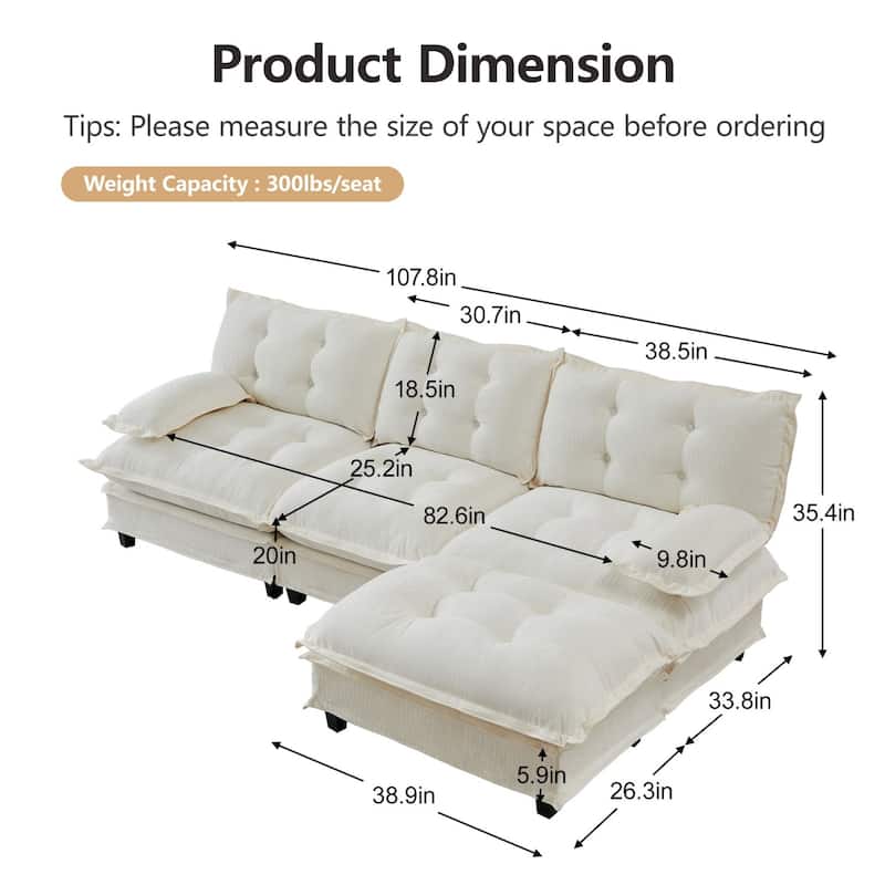 107.8" Chenille Sectional Sofa with Movable Ottoman