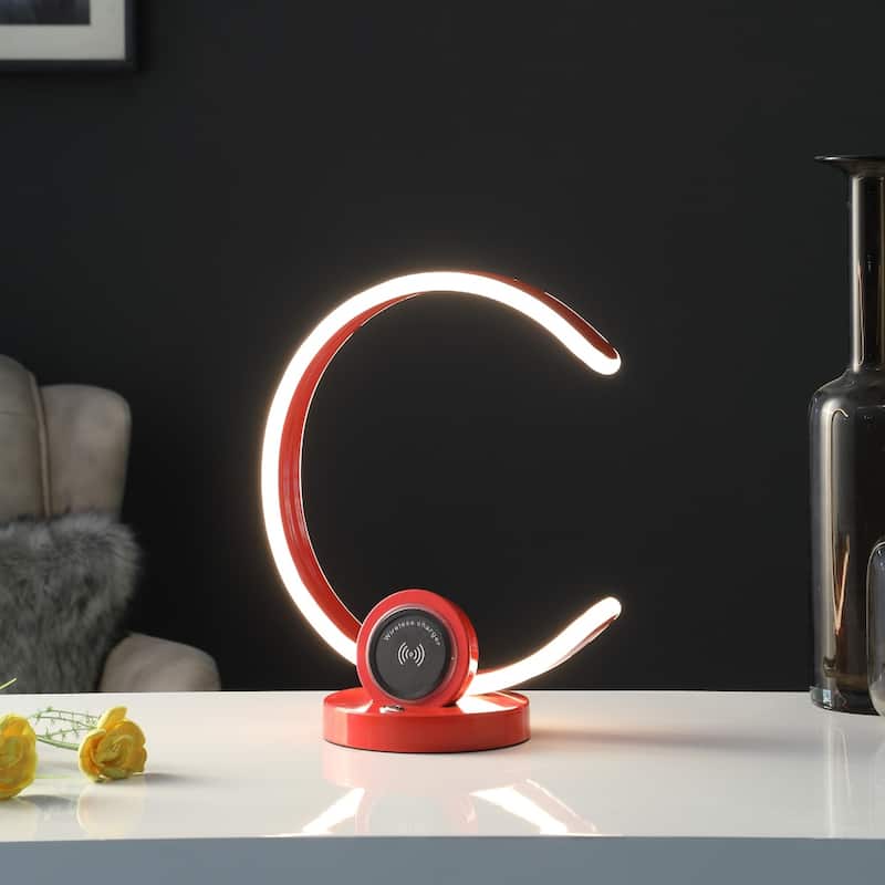 Red Metal LED Desk Lamp with USB Port, Wireless Charger and Dimmer - 11” x 6” x 13.25” (D x W x H)