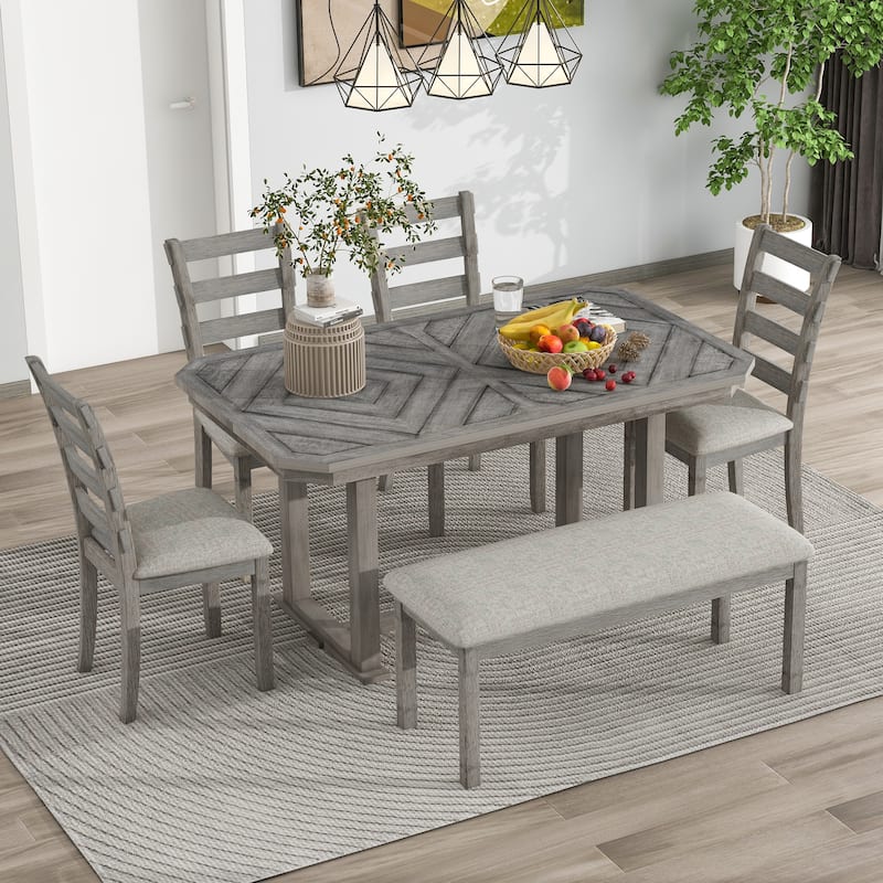 6Piece Rubber Wood Dining Table Set with Beautiful Wood Grain Pattern