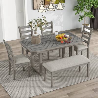 Wood Grain Dining Table Set, 6-Piece Dining Kitchen Table and Chairs Bench Set, 4 Soft Cushion Dining Chairs and Bench