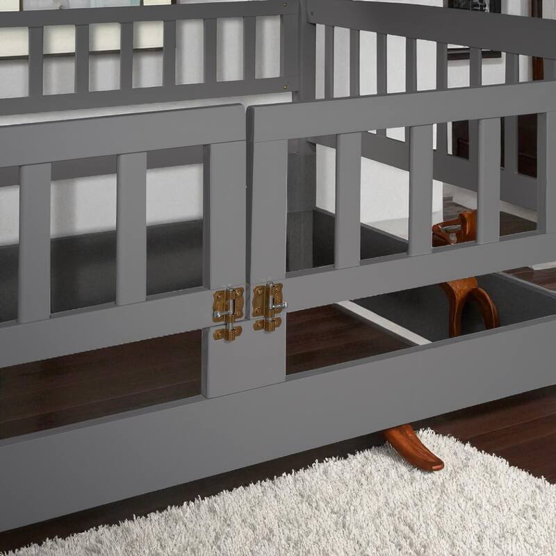 Twin Over Twin / Full Over Full Bunk Bed with Slide and Fence, Low Wood Frame with Ladder for Kids and Teens
