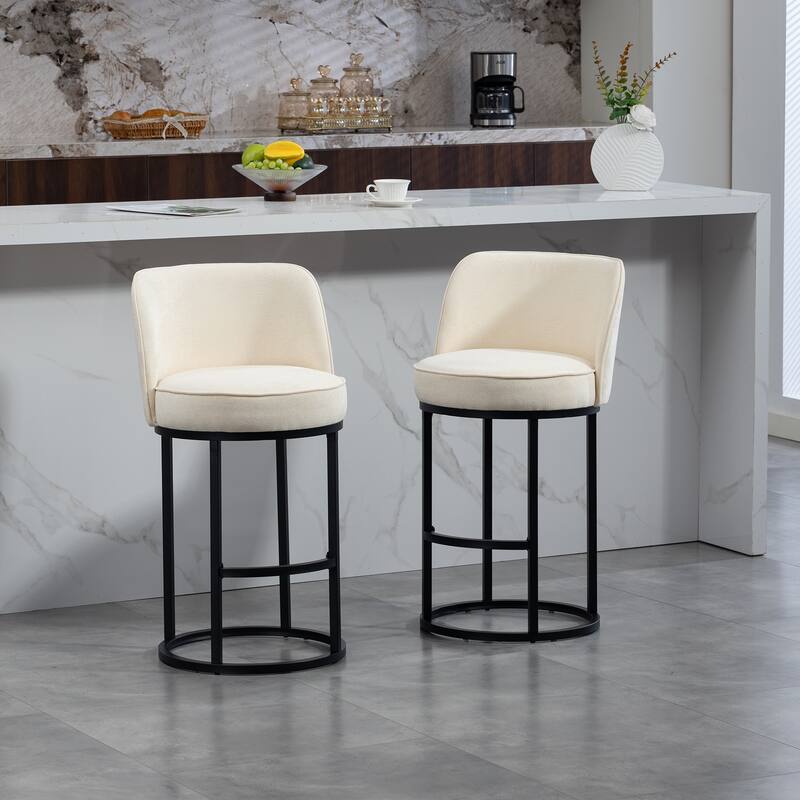 Counter Height Bar Stools Set of 2, Modern Barrel Counter Stools with Backrest, Linen Fabric Upholstered Accent Bar Stools