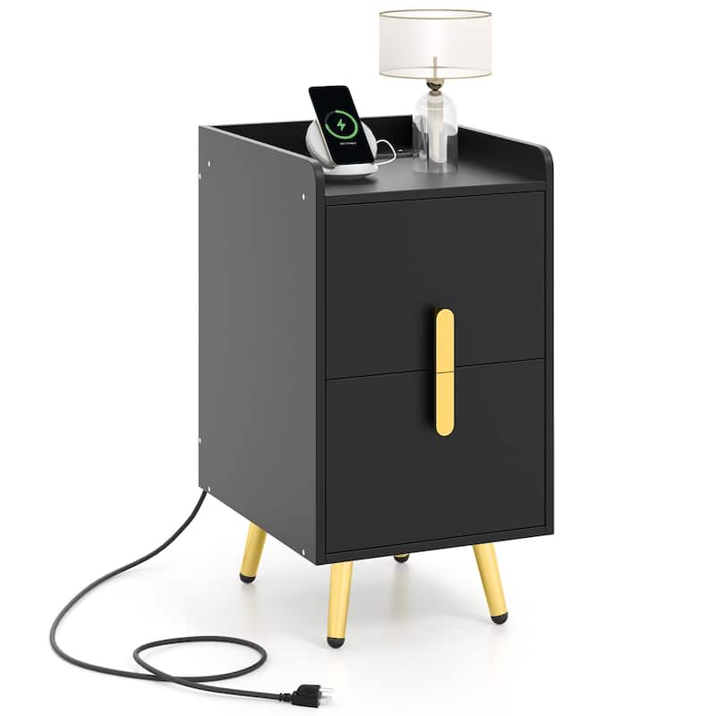 Bedside Table with Storage Drawers and USB Charging Station - Black