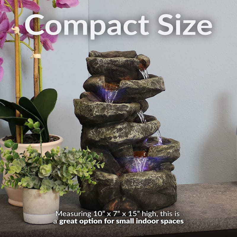 6 Tier Stone Falls Tabletop Indoor Water Fountain Feature w/ LED - 15"