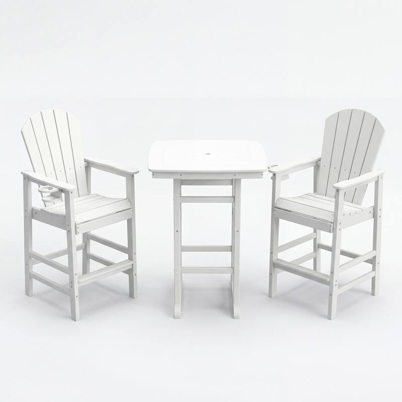 3-Piece HDPE Bar-Height Patio Set, 42.1" Square High Top Pub Table with Umbrella Hole + 2 Bar Stools with Cup Holders