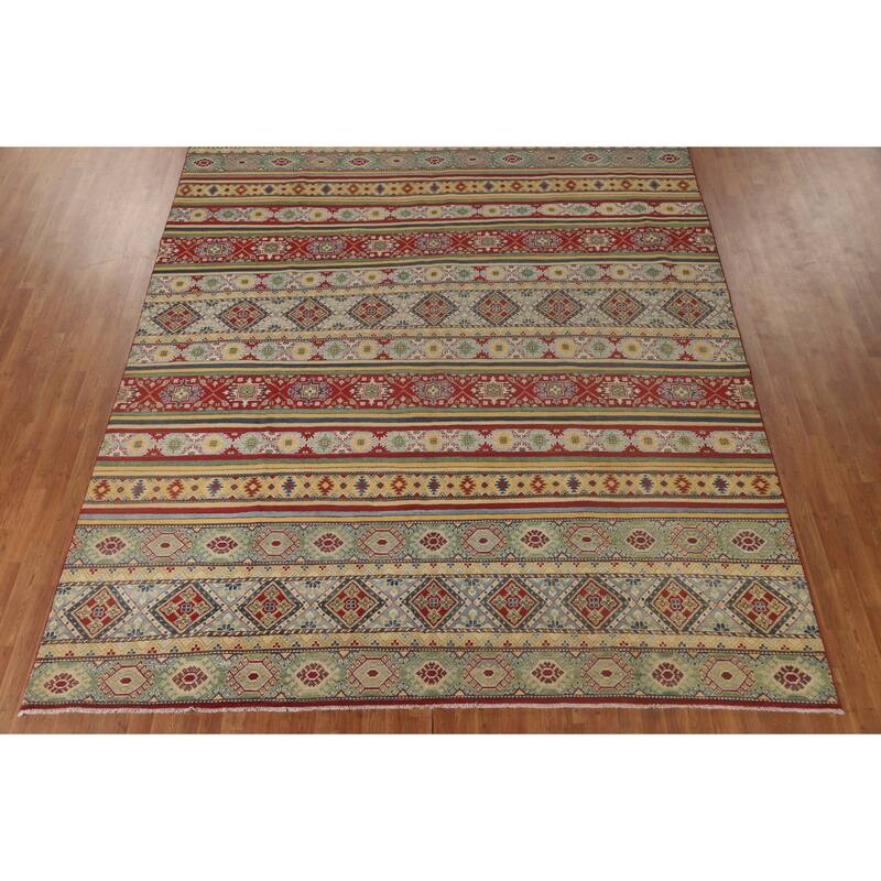 Striped Kazak Area Rug Handmade Wool Carpet - 9'9"x 12'3"