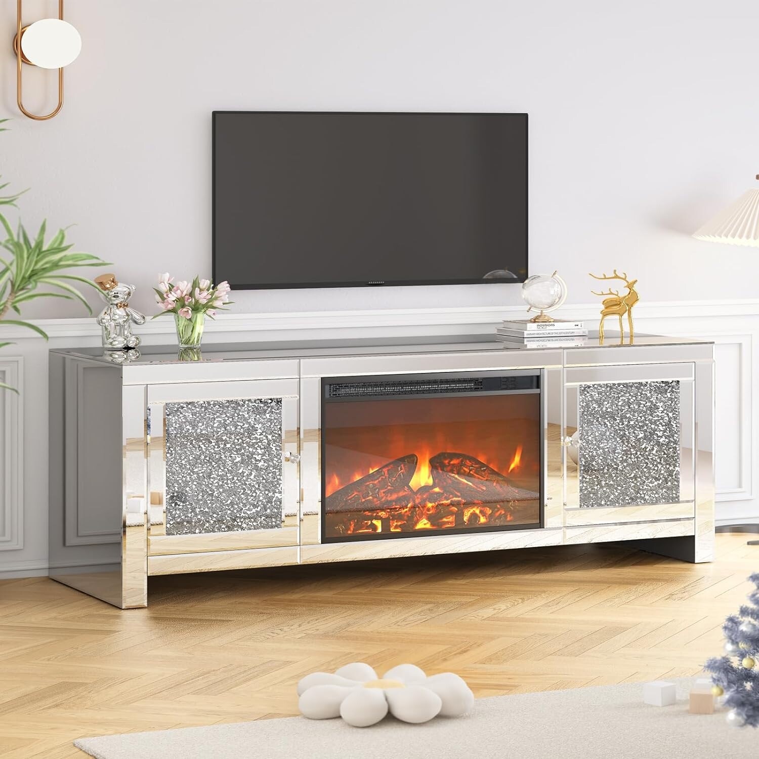 Mirrored entertainment center shop with fireplace