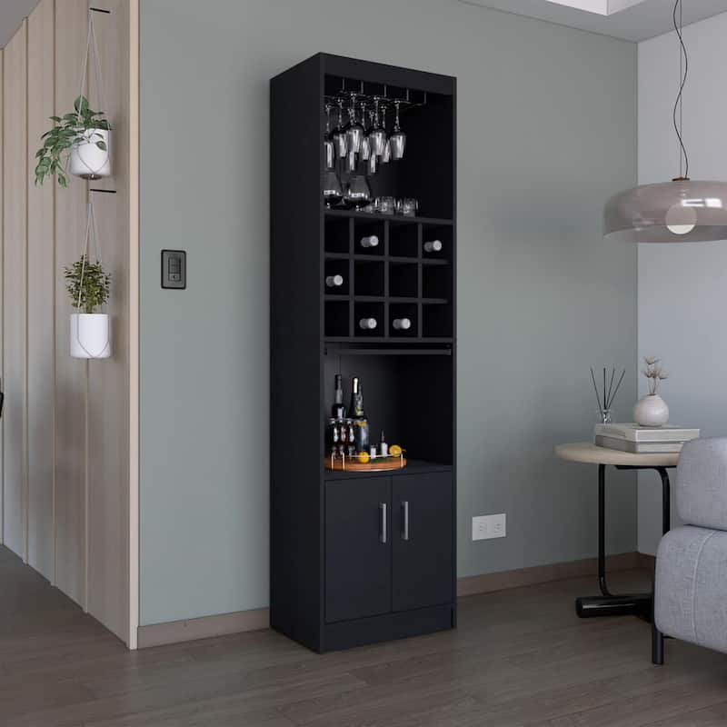 Kevil Tall Bar Cabinet, 5 Shelves, and Pull Out Tray - Black