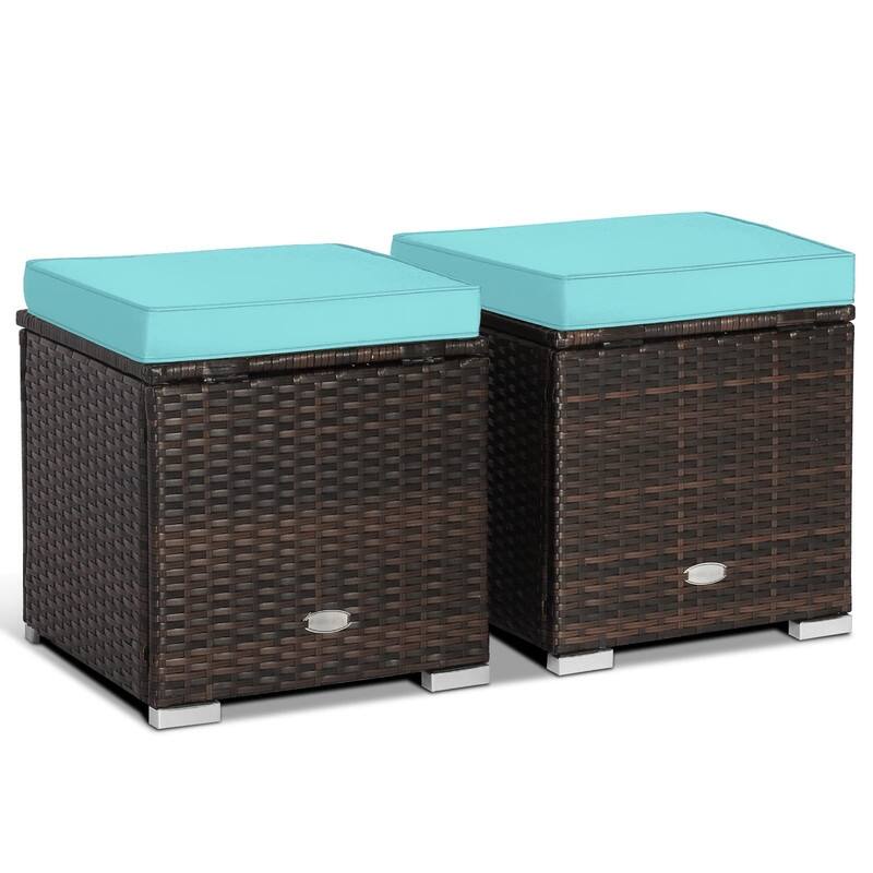 2-Pieces Patio Ottoman Set Outdoor Wicker Stool with Storage - Turquoise