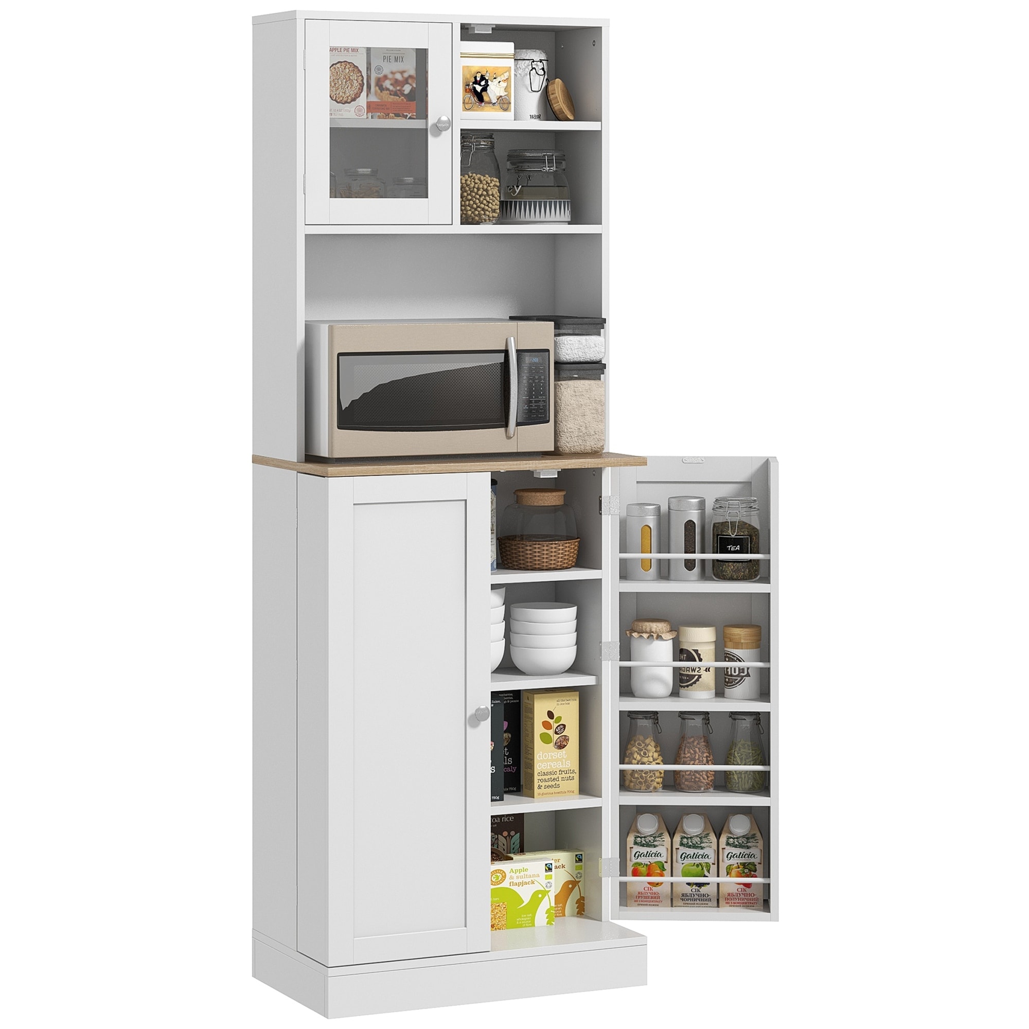 66.5" Pantry Cabinet with Microwave Stand, Freestanding Kitchen Storage Cabinet with Hutch, 8 Door Shelves,Adjustable Shelves