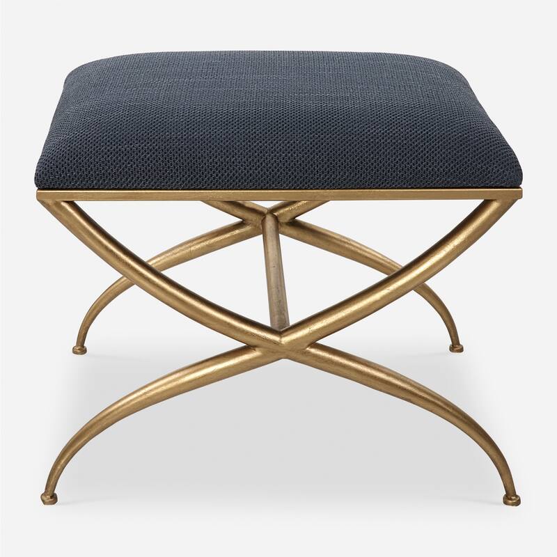Small Upholstered Seat Bench with Crossed Legs - 23.5" - Antique Gold Finish