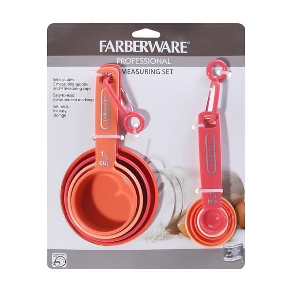 Farberware Measuring Cups and Spoons Set, 9 Piece - Aqua Gray - 7" x 9.2" x 2.5" - Coral Ombre