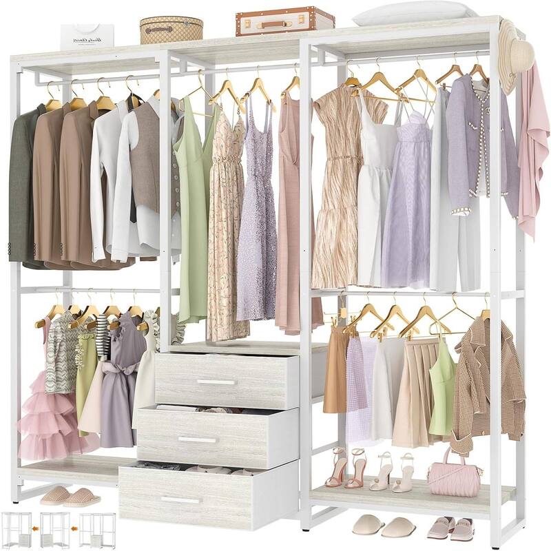 All in One Multifunctional Garment Rack with 3 Fabric Drawers and Shoe Storage Heavy Duty Closet Organizer - White