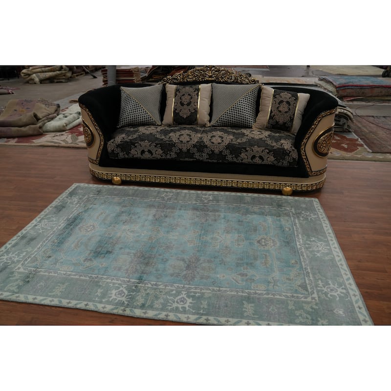 Hand-knotted Transitional Silk Carpet Blue Oushak Rug Floral Oriental Area Rug - 8' 0'' X 5' 0''