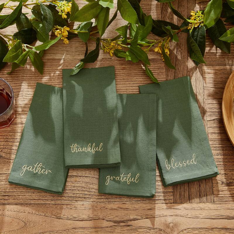 Harvest Sentiment Embroidered Napkins, Set of 4 - Green