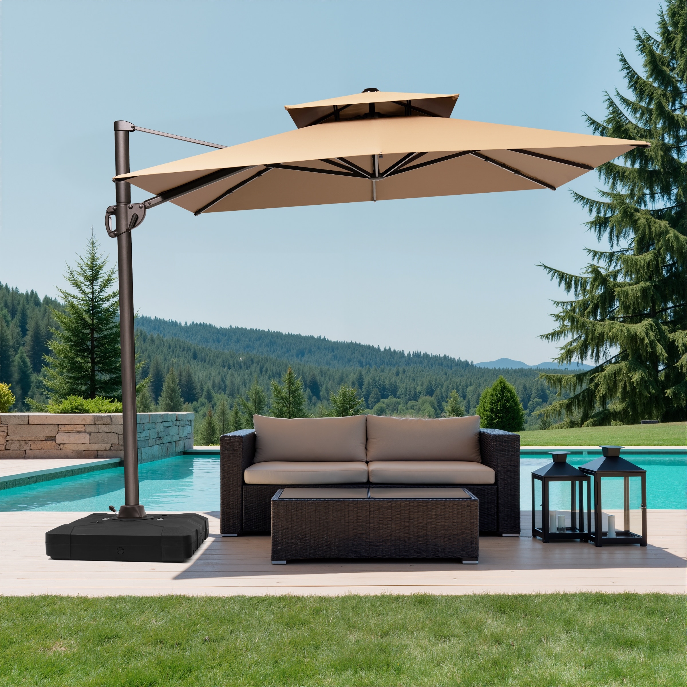 10.5 ft. x 9 ft. Double top 360-Degree Rotation Cantilever Patio Umbrella with Base
