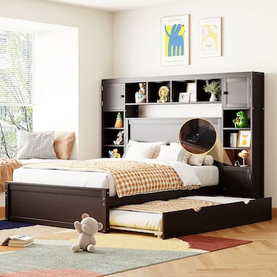 Espresso Full Size Wooden Platform Bed with Cabinet, Shelf, and Sockets