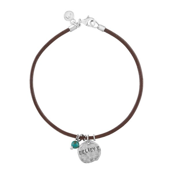'Believe' Leather Charm Bracelet with Turquoise in Sterling Silver