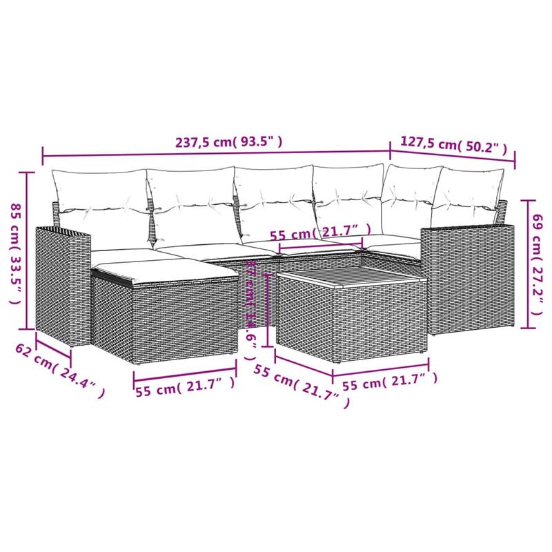 vidaXL Patio Sofa Set with Cushions Outdoor Furniture 7 Piece Poly Rattan - 21.7 x 21.7 x 14.6