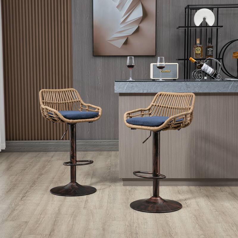 360° Swivel Bar Stools Set of 2, Adjustable Counter Height Chairs with Footrest, Rattan Bar Chairs with Cushions