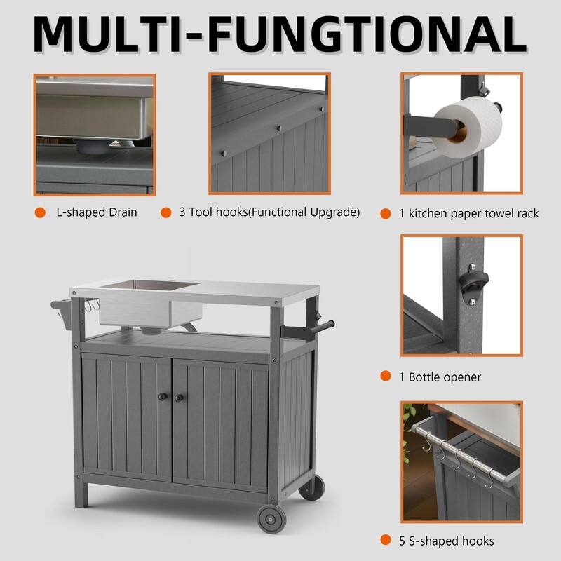 HDPE Outdoor Grill Cart with Sink,Cabinet and Cover, 42 inch Freestanding Modular Kitchen Sink Station in 304 Stainless Steel