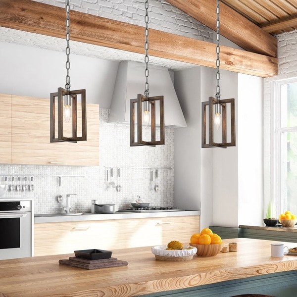 Modern Farmhouse 1 Light Wood Grain Pendant Light for Kitchen Island Dining Room D6.5 x H70