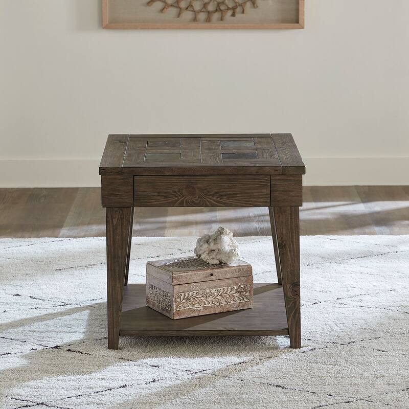 Arrowcreek Drawer End Table with Reclaimed Wood & Stone Top - Brown