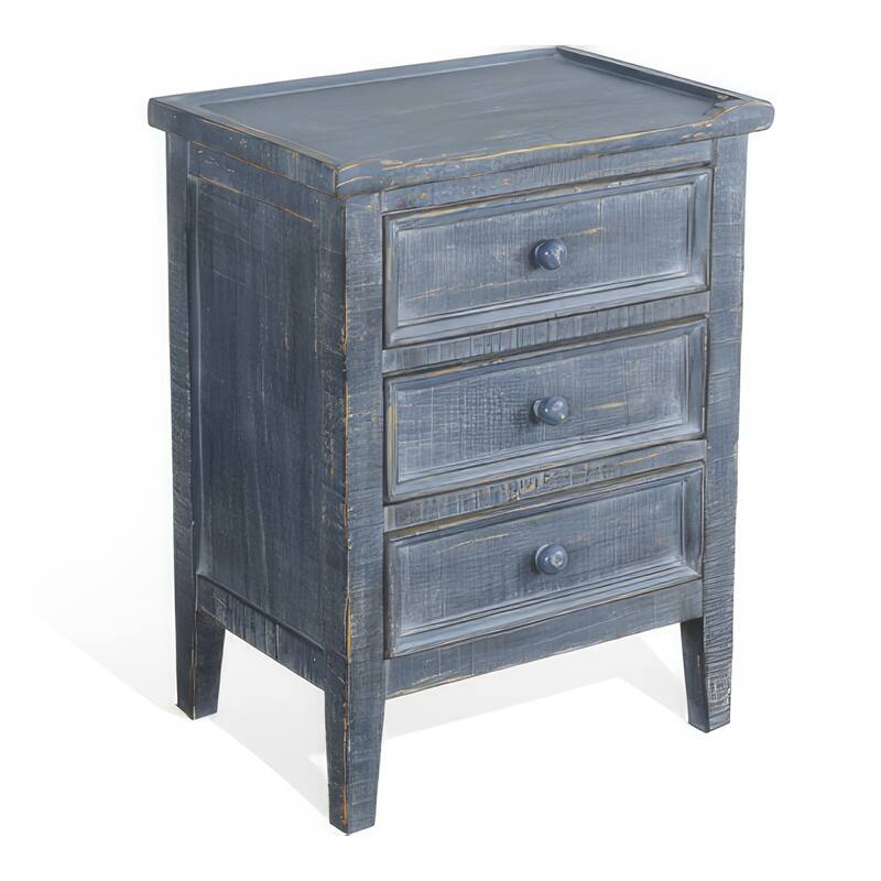 Rena Side End Table with 3 Drawers, 19 Inch Rustic Blue Mahogany Wood