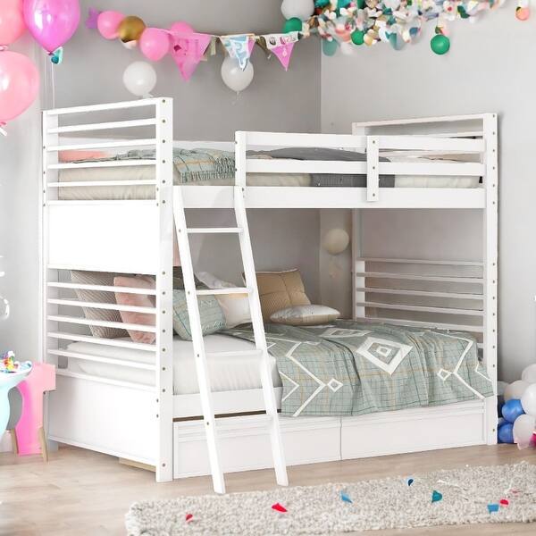 slide 2 of 19, Twin over Twin Classic Wooden Bunk Bed with Two Drawers,Space-Efficient Multifunctional Bunk Bed With Storage,White White