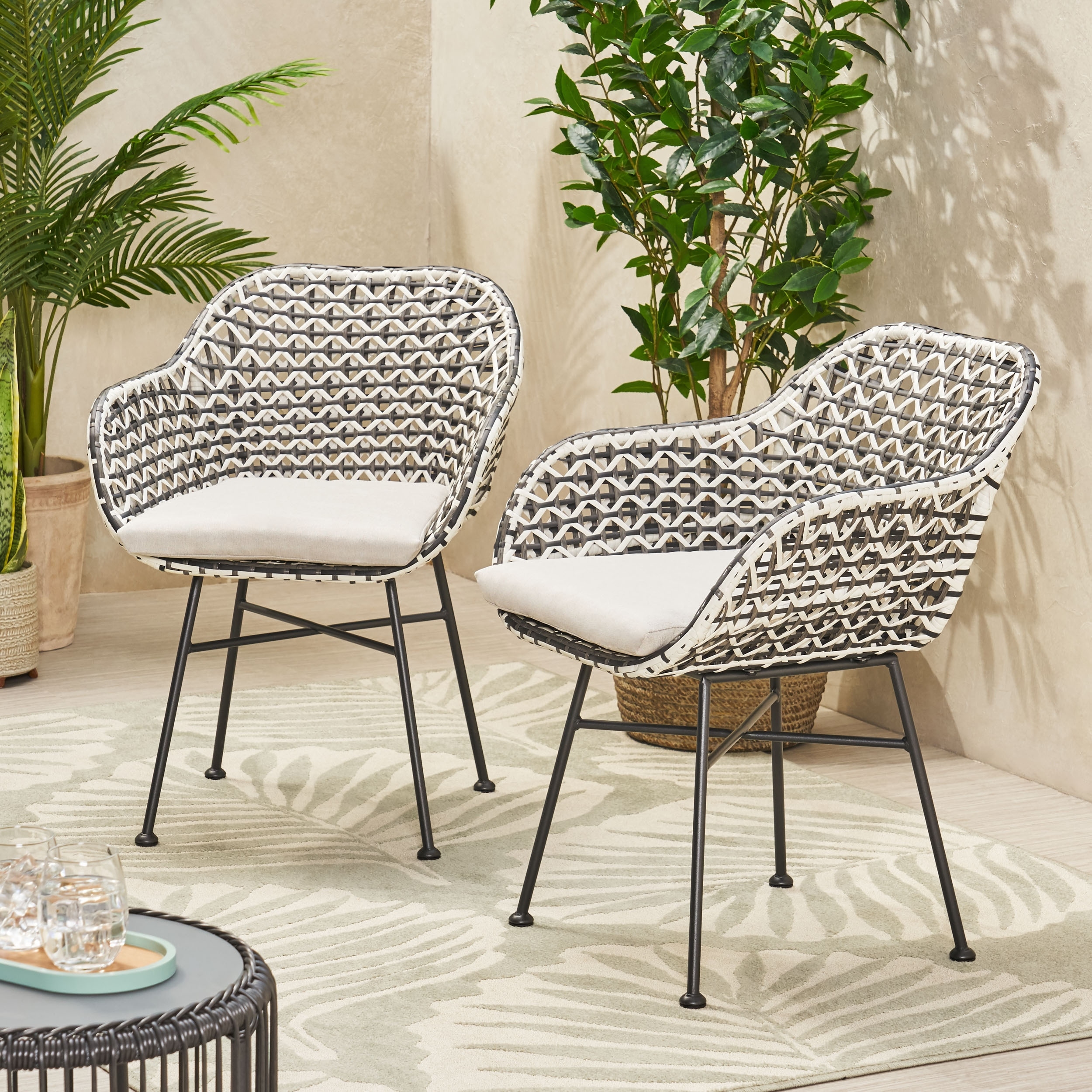 Roomfitters Boho Woven Rope Patio Chairs with Curved Backrest and Cushions, Outdoor Seating Set of 2, Black+White