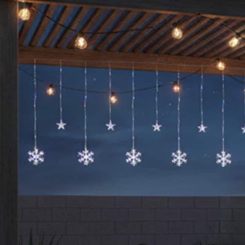250 Multi LED Star Snowflake Window Curtain Lights 16ft Clear Wire