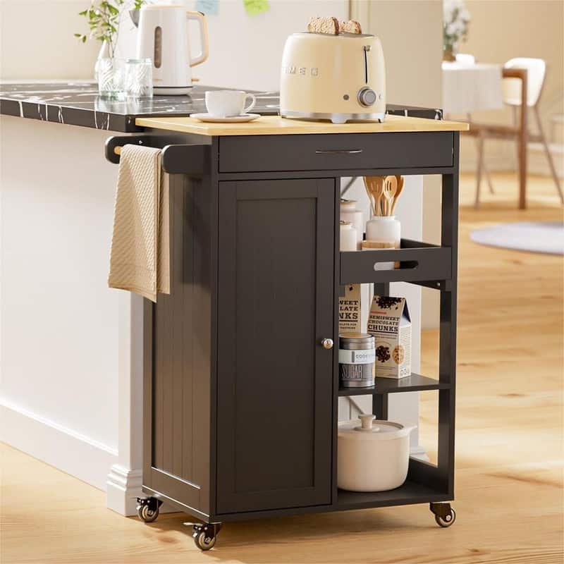 Kitchen Trolley Rolling Island Cart with 1 Drawer, Storage Cabinet and 3 Tier Storage Shelves - Black