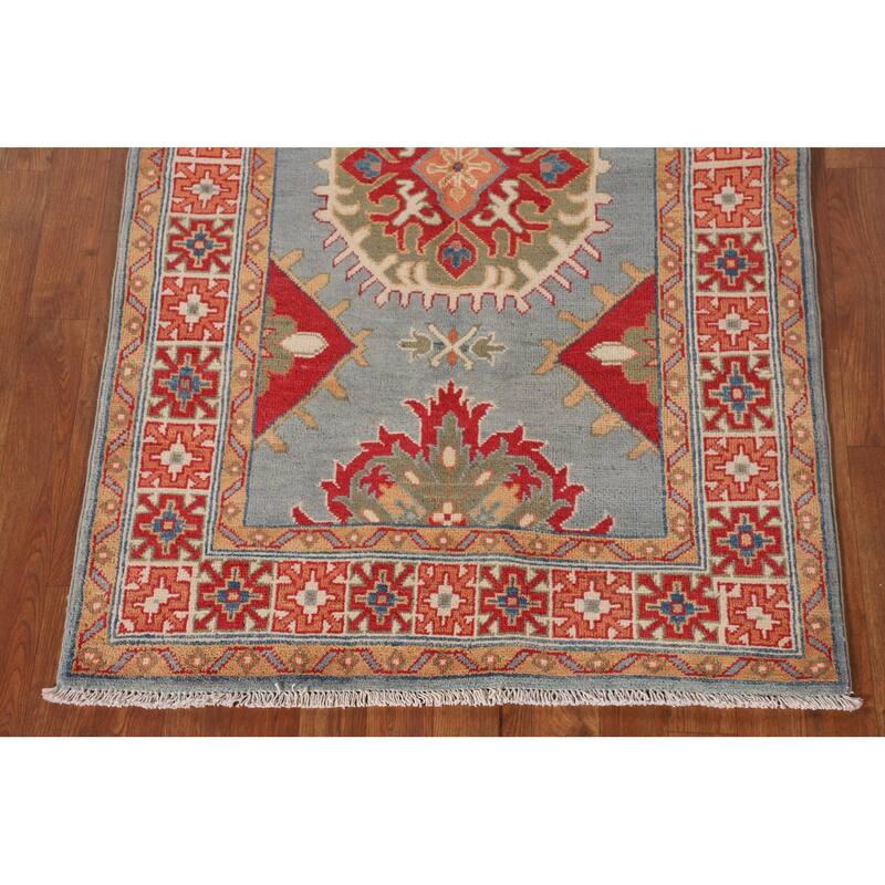 Geometric Kazak Accent Rug Hand-Knotted Oriental Blue Wool Carpet - 3'3"x 5'0"