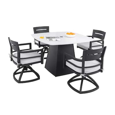 5PC Modern Patio Set – 44" Squircle Sintered Stone Table (Greek White) & 4 Swivel Rockers with Sunbrella Cushions.