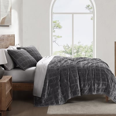 HiEnd Accents Stella Faux Silk Velvet Double Box Stitch Modern Rustic 3 Piece Quilt Set