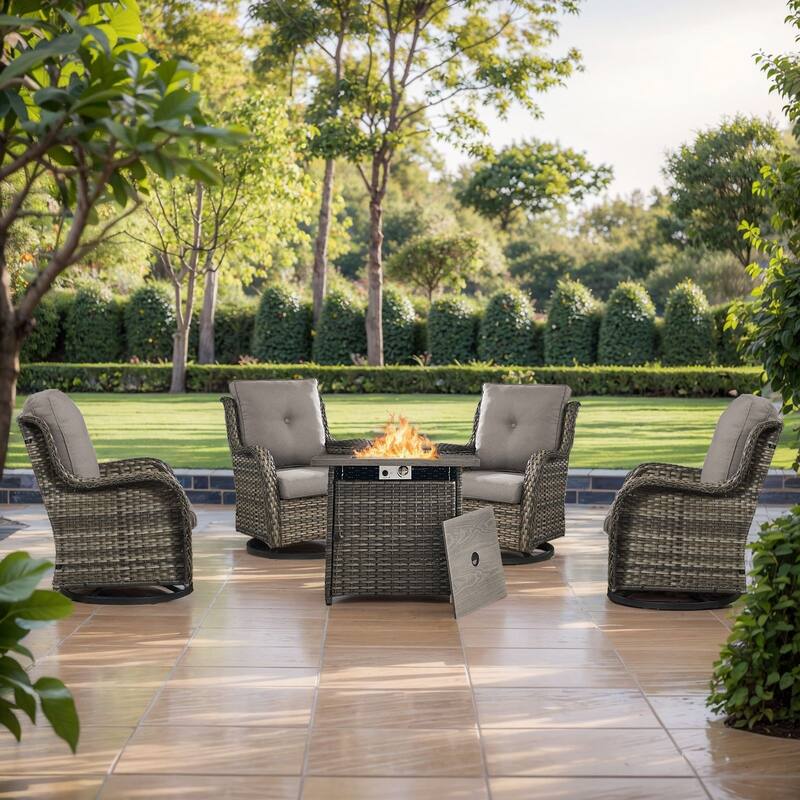 Pocassy Fire Pit Table with Sofa Swivel Chairs Set - Grey Wicker Gray Cushion - 5 Pieces Swivel Chair with Fire Table