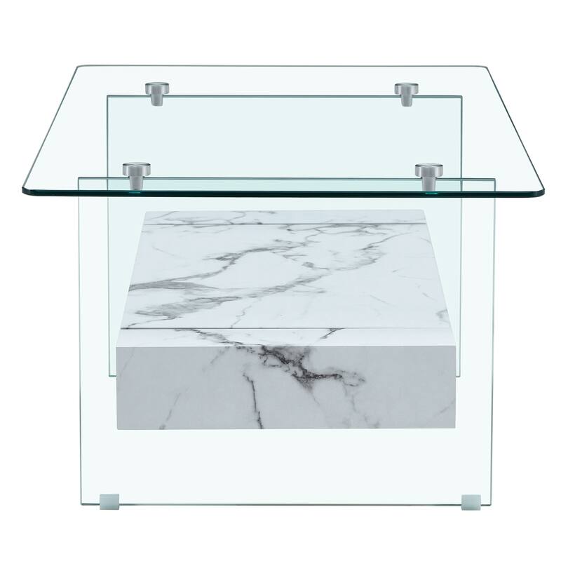 43.3 Inch Double Layer Coffee Table Storage Side Table with Open Storage Shelves, Drawers Glass Center Table End Table