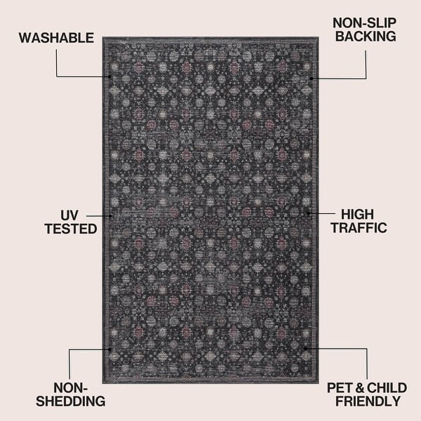 dimension image slide 2 of 13, Petunia Distressed All-Over Floral Border Non-Slip Machine-Washable Rug