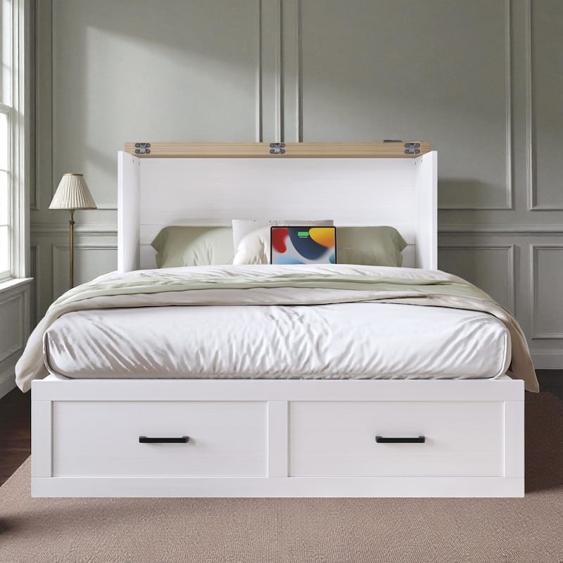 Foldable Murphy Bed Cabinet Full/Queen with USB & Type-C Ports and Storage Drawer for Guest Room