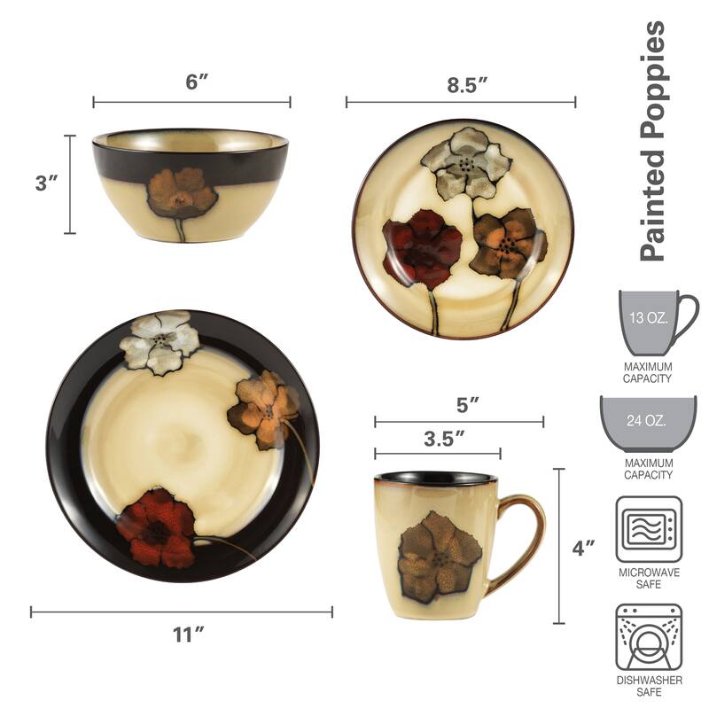 Pfaltzgraff Painted Poppies 16-Piece Dinnerware Set, Service for 4