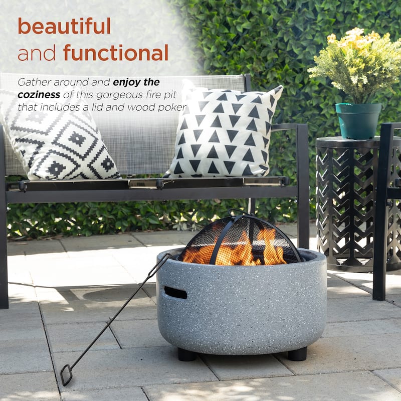 Contemporary Gray Stone Firepit with Lid and Wood Poker