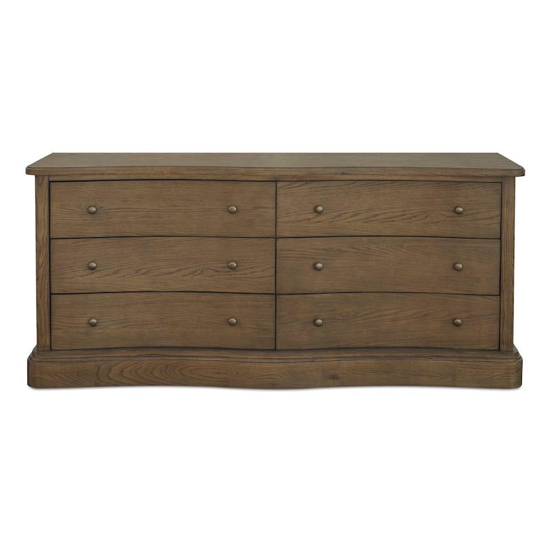 Lioren Dresser, Solid Oak, 6 Drawers, Curved Front, Brass Handles, Warm Brown - Warm Brown