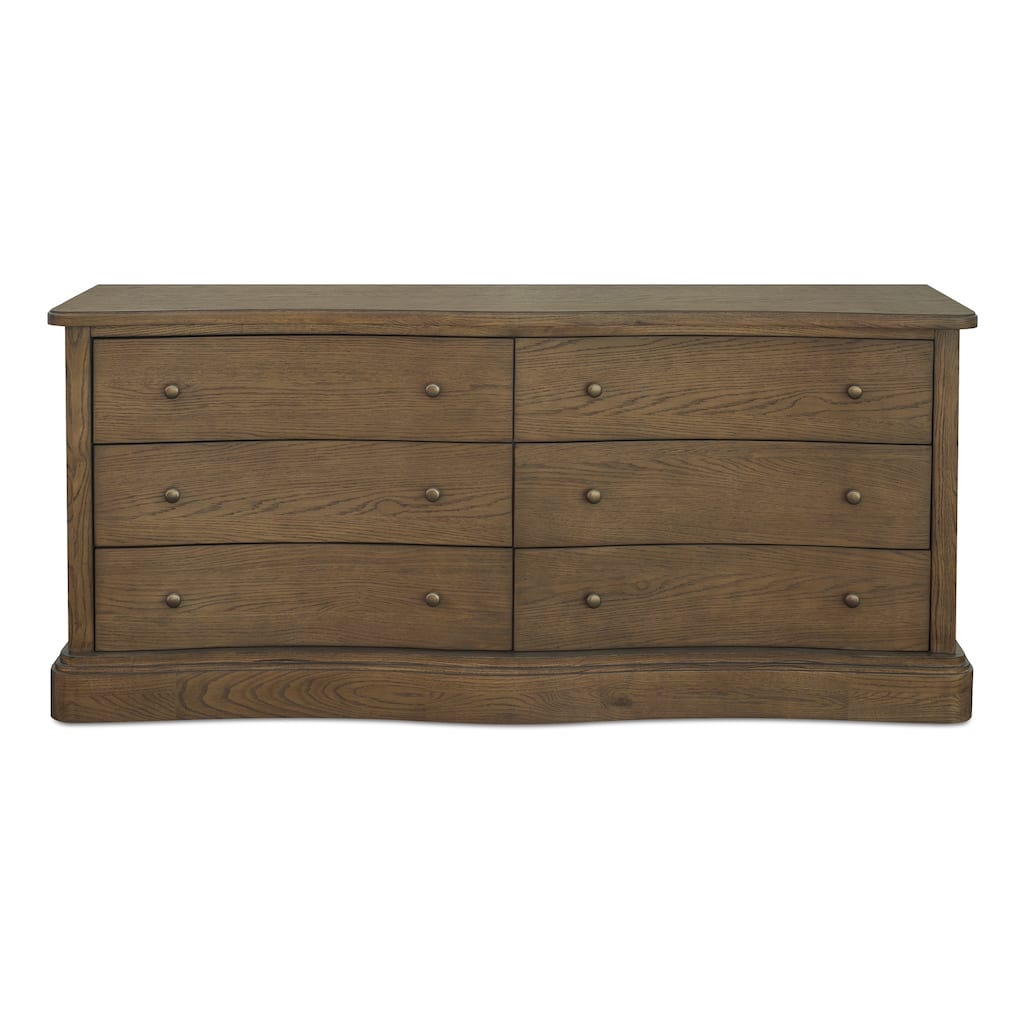 Lioren Dresser, Solid Oak, 6 Drawers, Curved Front, Brass Handles, Warm Brown