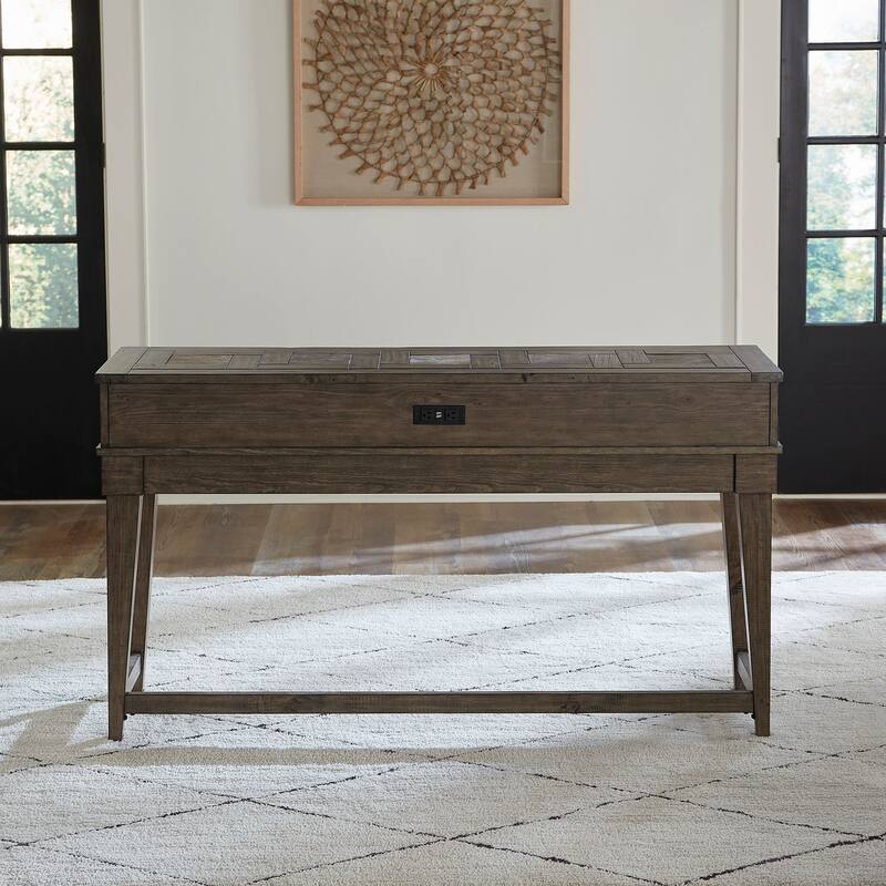 Arrowcreek Weathered Stone Console Bar Table- Charging Station, Reclaimed Wood & Stone
