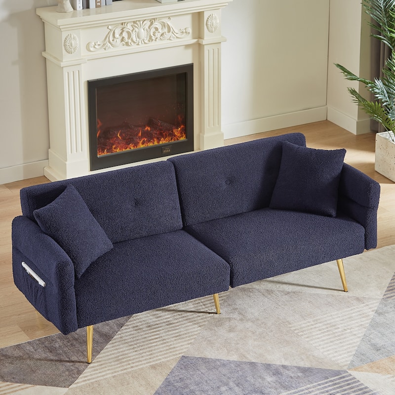 Upholstered Accent Loveseat Sofa With Side Pocket,Folding Sleeper Sofa Bed With Foldable Armrest