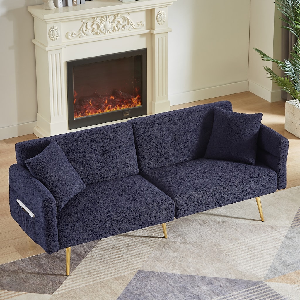 Upholstered Accent Loveseat Sofa With Side Pocket,Folding Sleeper Sofa Bed With Foldable Armrest