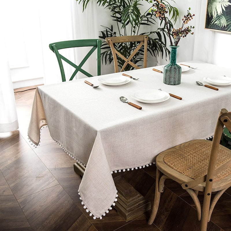 DriftAway Pom Pom Tassel Rectangle Linen Textured Decorative Table Cloth - 55''width x 55''length - Beige