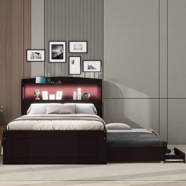 slide 2 of 9, Twin XL Size Platform Bed with LED Headboard, Storage Bed with Charging Station, Trundle and 2 Drawers, Dark Brown